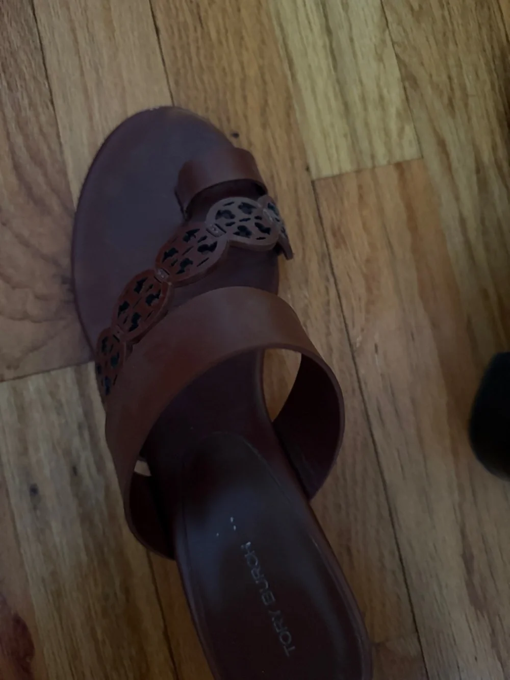 Tory Burch Brown Leather Logo Cutout Slide Mules - Picture 2 of 5